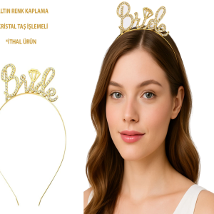 Altın Renkli Taşlı “Bride” Gelin Tacı – El Yazısı Yazı Tipiyle