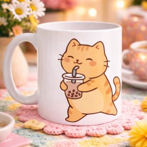Sevimli Kedi Bubble Tea Tasarımlı Porselen Kupa MODEL 192 – Boba Çayı İçen Kedi Kahve Kupası – Kedi Severlere Hediyelik Kupa Bardak