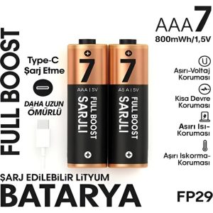 Type-c Şarjlı 800mwh 1.5v Şarj Edilebilir 2’li Aaa İnce Pil - Lityum Iyon Batarya
