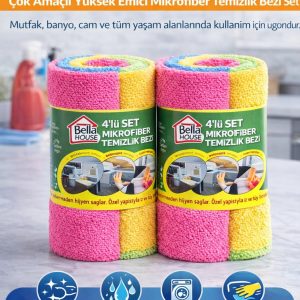 Bella House Mikrofiber Temizlik Bezi 8 Adet (4'lü 2 Rulo) Çok Amaçlı Yüksek Emici Mikrofiber Temizlik Bezi Seti