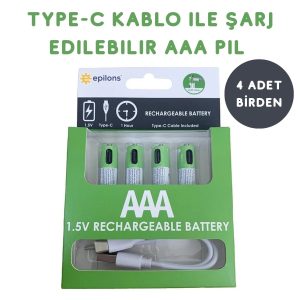 Usb Type-c İle Şarjolabilen 4 Adet Aaa 1.5v Lityum Şarjlı Kalem Pil 750 Mah Uzun Ömürlü