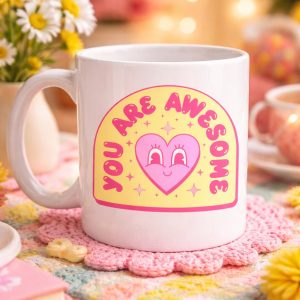 You Are Awesome Yazılı Kalpli Tasarım Porselen Kupa MODEL 187 – Motivasyon Mesajlı Sevimli Kahve Kupası – Hediye Kupa Bardak