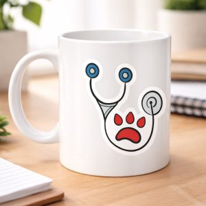 Veteriner Temalı Porselen Kupa MODEL 178 – Patili Stetoskop Tasarımlı Kahve Kupası – Veterinerlere ve Hayvan Severlere Hediye Kupa