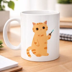 Veteriner Kedi Tasarımlı Porselen Kupa MODEL 176 – Şırıngalı Sevimli Kedi Kahve Kupası – Veterinerlere ve Kedi Severlere Hediye Kupa