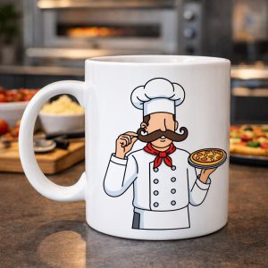 Pizza Ustası Tasarımlı Porselen Kupa MODEL 165 – Aşçı Temalı Kahve Kupası – Pizza Sevenlere Hediye – Şef Desenli Beyaz Kupa