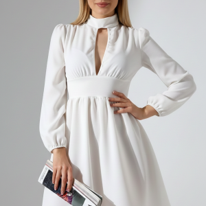 Kadın Uzun Kollu Göğüs Dekolteli Fermuarlı Krep Kumaş Elbise