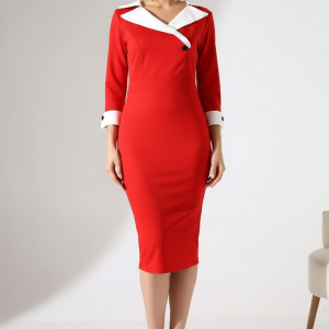 Kadın Uzun Kollu Kontrastlı Kenar Detaylı Kol Düğmeli A Kesim Krep Kumaş Elbise