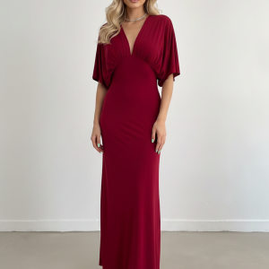 Kadın Yarasa Kol Sandy Kumaş Uzun Yırtmaç Detay Elbise