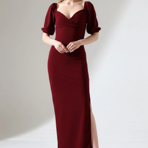 Kadın Krep Kumaş Kruvaze Yaka Balon Kol Yırtmaç Detaylı Maxi Elbise