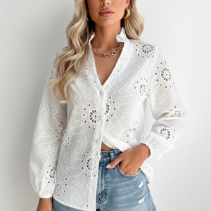 Kadın V Yaka Düğmeli Balon Kol Vintage Görünümlü Bluz