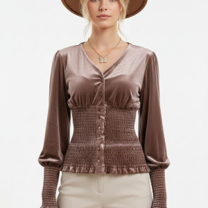 Kadın Bel Vurgulu Uzun Manşetli Kadife V Yaka Balon Kol Bluz