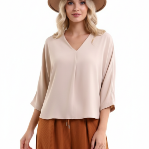 V Yaka Katlamalı Uzun Kol Göğüs Kat Detaylı Önü Kısa Arkası Uzun Geniş Rahat Kesim Şık Ve Cool Bluz