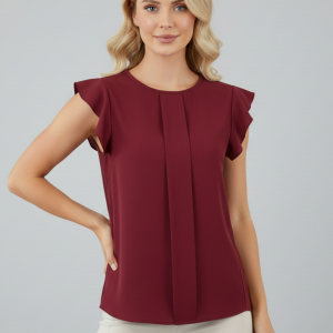 Yuvarlak Yaka Fırfırlı Kısa Kol Önü Bloklu Rahat Kesim Düğme Kapamalı Cool Ve Şık Bluz