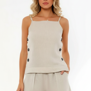 Ayarlanabilir Askılı Yanları Düğmeli Düz Rahat Bluz