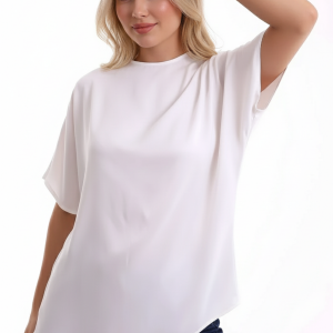 Drapeli Yuvarlak Yaka Kısa Kol Fermuar Kapamalı Geniş Kesim Dökümlü Cool Ve Şık Saten Bluz