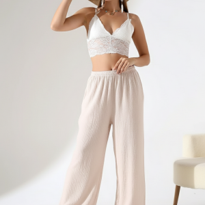 %100 Pamuk Müslin Cepli Palazzo Pantolon