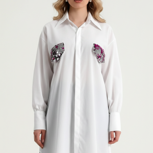 Pul Payet Sahte Cep ve Manşet Detaylı Uzun Kol Düğmeli Rahat Kalıp Yanları Yırtmaçlı Tunik Gömlek