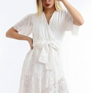 %100 Pamuk Çiçekli Brode Kumaş Volan Kol Kuşaklı Anvelop Astarlı Romantik Elbise