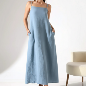 %100 Pamuk Müslin Askılı Cepli A Form Yazlık Elbise