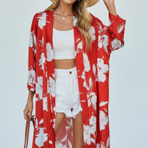 Uzun Kol Desenli Belden Bağlamalı Rahat Kalıp Uzun Saten Kimono