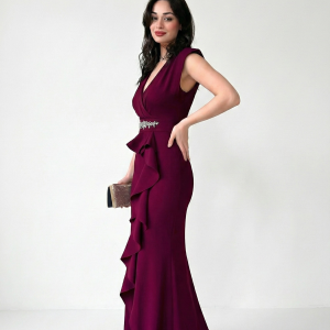 Kruvaze Yaka Kadın Taşlı Volanlı Abiye