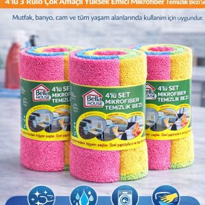 Bella House Mikrofiber Temizlik Bezi 12 Adet (4'lü 3 Rulo) Çok Amaçlı Yüksek Emici Mikrofiber Temizlik Bezi Seti