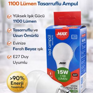 Max Energy 15W LED Ampul E27 Duy 6500K Beyaz Işık 1100 Lümen Tasarruflu Ampul 1 Adet
