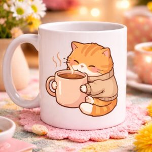 Sevimli Kedi Tasarımlı Porselen Kupa MODEL 188 – Kahve İçen Tatlı Kedi Figürlü Kahve Kupası – Kedi Severlere Hediye Kupa Bardak