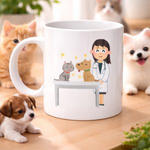 Veteriner Temalı Porselen Kupa MODEL 179 – Kedi ve Köpekli Sevimli Veteriner Tasarımlı Kahve Kupası – Veterinerlere ve Hayvan Severlere Hediye