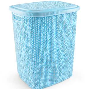 Kirli Çamaşır Sepeti Kapaklı 65 Lt Örgü Desenli Plastik Çamaşır Sepeti Banyo Sepeti - Mavi