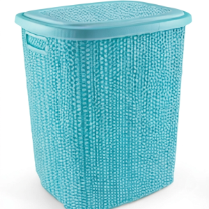 Kirli Çamaşır Sepeti Kapaklı 65 Lt Örgü Desenli Plastik Çamaşır Sepeti Banyo Sepeti - Turkuaz