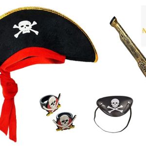 Korsan Şapkası + Tabanca + Maske + 2 Adet Yüzük Kostüm Seti Çocuk