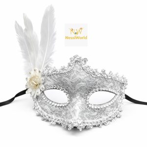 Lüks Beyaz Tüylü Venedik Maskesi – Taşlı Dantel Tasarım