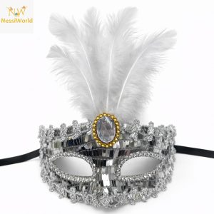 Lüks Gümüş Tüylü Taşlı Balo Maskesi