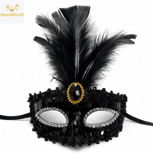 Lüks Siyah Tüylü Taşlı Balo Maskesi