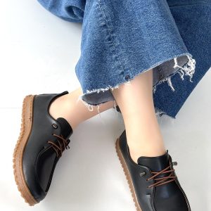 Guot Siyah Cilt Bağcıklı Babet Ayakkabı