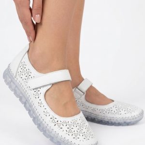 Sina Beyaz Deri Cırt Cırtlı Babet Ayakkabı