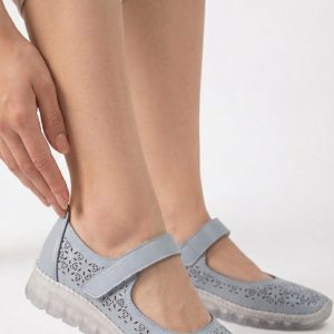 Sina Mavi Deri Cırt Cırtlı Babet Ayakkabı