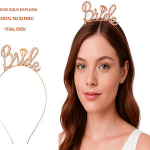 Rose Gold Renkli Taşlı “Bride” Gelin Tacı – El Yazısı Yazı Tipiyle