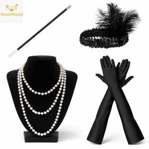 1920’ler Çarliston Aksesuar Seti – İnci Kolye, Eldiven, Sigara Tutucu, Siyah Saç Bandı