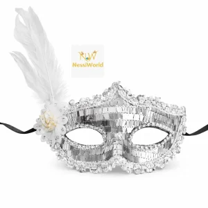 Gümüş Tüylü Payetli Lüks Taşlı Parti Maskesi