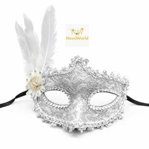 Lüks Beyaz Tüylü Venedik Maskesi – Taşlı Dantel Tasarım