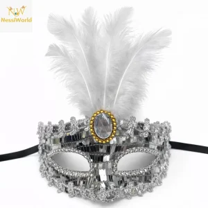 Lüks Gümüş Tüylü Taşlı Balo Maskesi