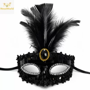 Lüks Siyah Tüylü Taşlı Balo Maskesi