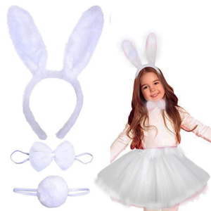 Tavşan Tacı Eteği Papyonu ve Kuyruk Kostüm Seti Beyaz Renk Çocuk Boy