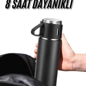 Termos Seti 3'lü Bardak Seti Isı Dayanıklı Siyah Paslanmaz Çelik Vakumlu
