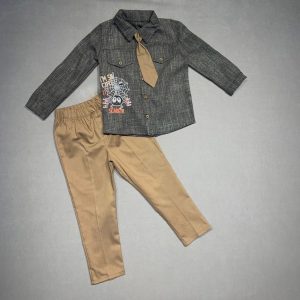 3-4-5 Yaş Kratlı Keten Gömlek Gabardin Pantolon Uzun Kollu 3lü Erkek Çuk Takımı Kahverengi