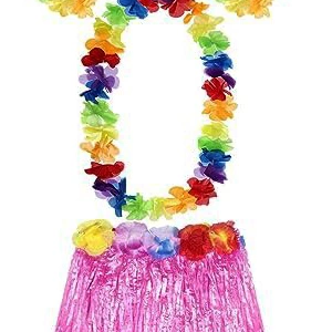 Yetişkin ve Çocuk Uyumlu Luau Aloha Hawaii Pembe Etek ve Renkli Kolye Taç 2 Adet Bileklik Seti