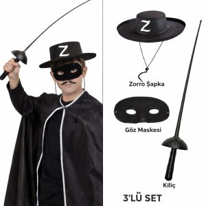 Zorro Kostüm Seti 3’lü Çuk – Şapka, Maske ve Kılıç